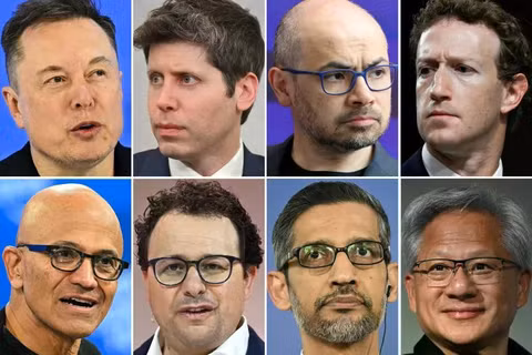 Từ trên xuống dưới, từ trái sang phải: Elon Musk của xAI và Tesla, CEO của OpenAI Sam Altman, đồng sáng lập kiêm chủ tịch của DeepMind Demis Hassabis, CEO của Meta Mark Zuckerberg, CEO của Microsoft Satya Nadella, CEO của Anthropic Dario Amodei, CEO của Google Sundar Pichai và CEO của Nvidia Jensen Huang. Ảnh: AFP.