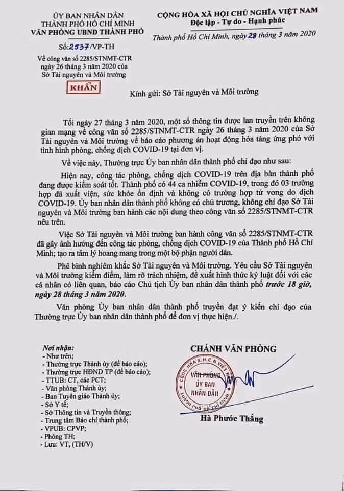 Công văn của Thường trực UBND TP.HCM phê bình Sở Tài nguyên - Môi trường Công văn của Thường trực UBND TP.HCM phê bình Sở Tài nguyên - Môi trường