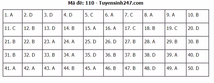 Đáp án đề thi tốt nghiệp THPT năm 2020 môn Toán mã đề 110. Nguồn: TTHN