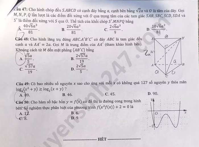 Đề thi tốt nghiệp THPT năm 2020 môn Toán mã đề 111. Nguồn: TTHN