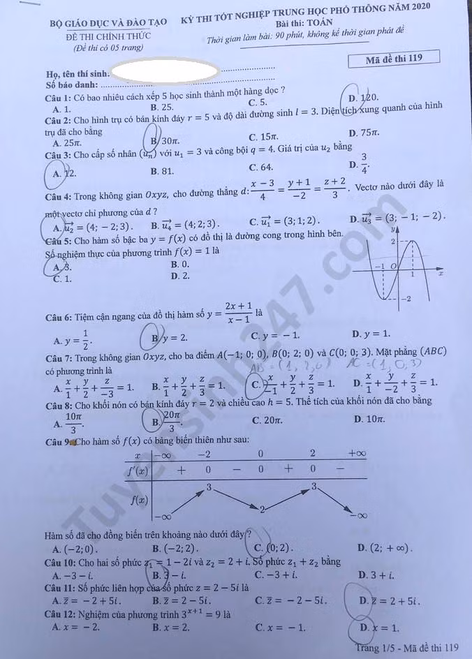 Đề thi tốt nghiệp THPT năm 2020 môn Toán mã đề 119. Nguồn: TTHN