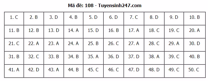 Đáp án tham khảo đề thi tốt nghiệp THPT năm 2020 môn Toán mã đề 108. Nguồn: TTHN