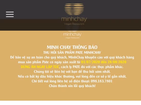 Minh Chay khuyến cáo thu hồi sản phẩm từ khách hàng đã mua sản phẩm pate (Ảnh chụp màn hình)