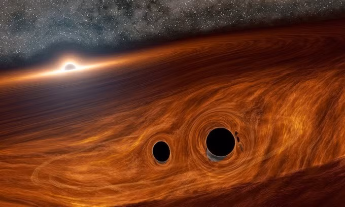 Mô phỏng vụ sáp nhập của hai hố đen xảy ra gần hố đen thứ ba. Ảnh: NASA. Mô phỏng vụ sáp nhập của hai hố đen xảy ra gần hố đen thứ ba. Ảnh: NASA.