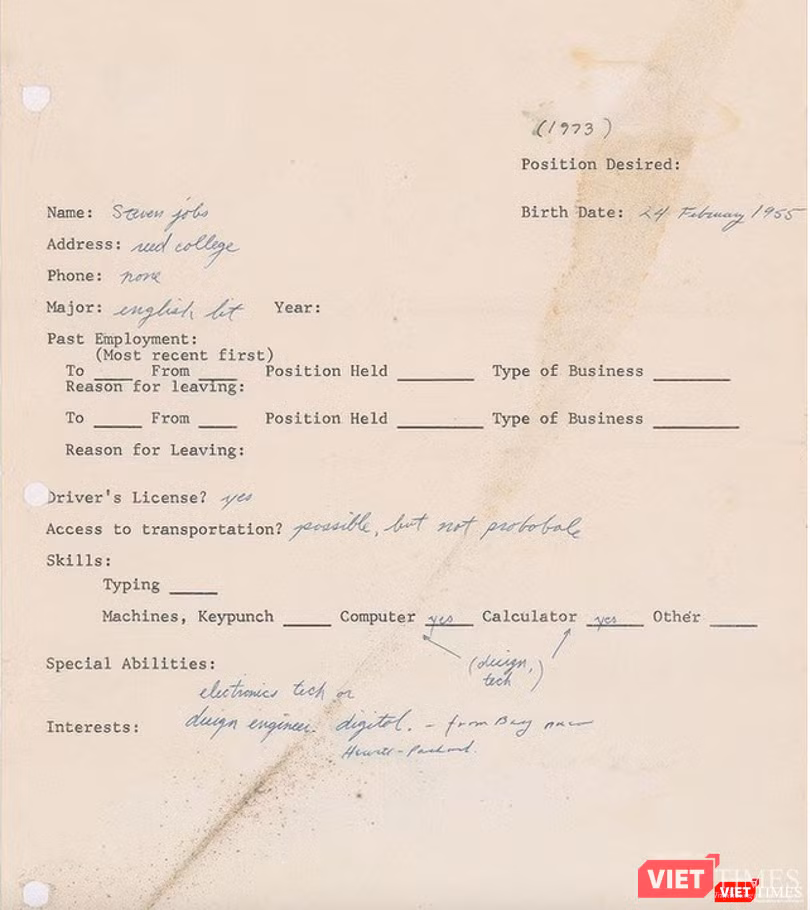 CV gửi nhà tuyển dụng vào năm 1973 của tỉ phú công nghệ Steve Jobs
