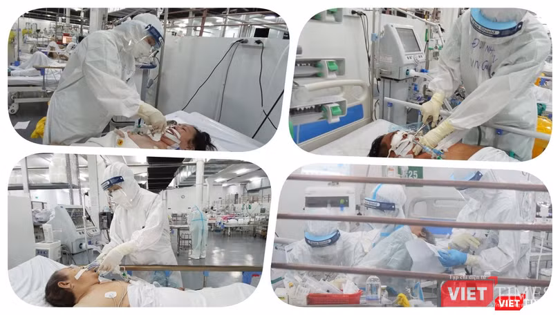 Chăm sóc bệnh nhân nặng tại Trung tâm Hồi sức tích cực người bệnh COVID-19 BV Trung ương Huế tại TP.HCM. Ảnh: Hoà Bình Chăm sóc bệnh nhân nặng tại Trung tâm Hồi sức tích cực người bệnh COVID-19 BV Trung ương Huế tại TP.HCM. Ảnh: Hoà Bình
