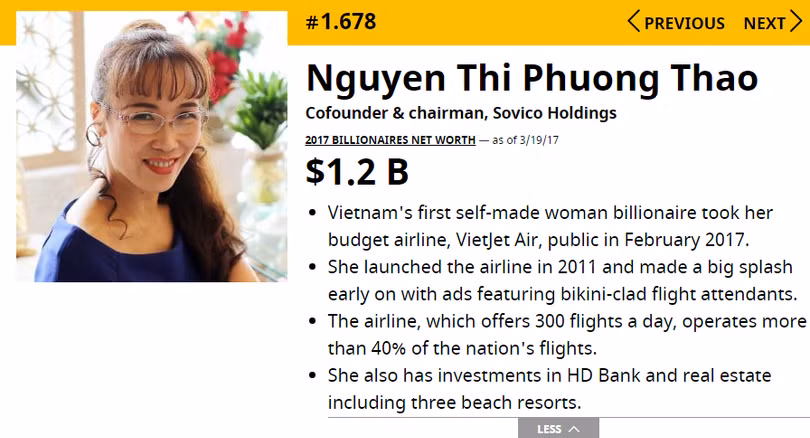Phần giới thiệu về tỷ phú Nguyễn Thị Phương Thảo của Forbes. (Ảnh chụp màn hình)