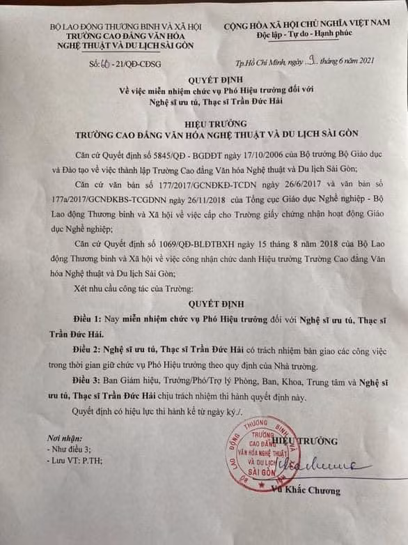 Văn bản miễn nhiệm của Trường Cao đẳng Văn hoá nghệ thuật và Du lịch Sài Gòn Văn bản miễn nhiệm của Trường Cao đẳng Văn hoá nghệ thuật và Du lịch Sài Gòn