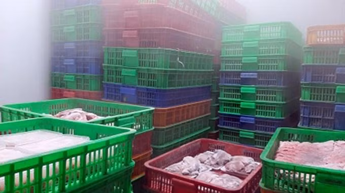 Hàng hóa thực phẩm không có hóa đơn chứng từ chứng minh nguồn gốc được chứa trong kho được chuyển lên xe đem xử lý theo quy định. Ảnh: BATTP TP.HCM.