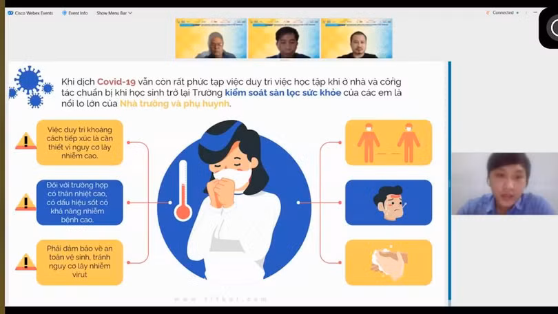 Hội thảo trực tuyến do Hội Tin học TP.HCM tổ chức, các chuyên gia đưa nhiều giải pháp chống dịch COVID-19 ở nhà trường, công sở. Ảnh: Hoà Bình chụp màn hình giao lưu