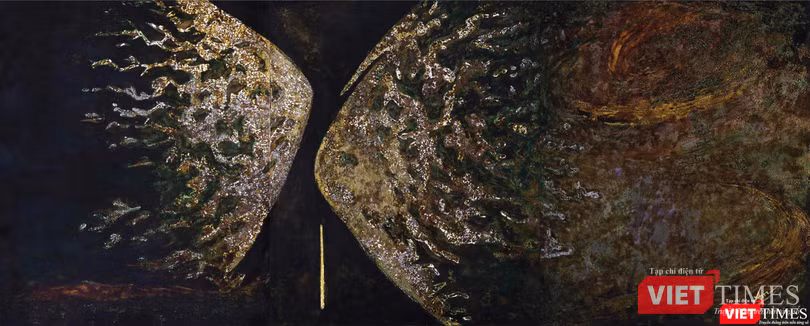 Tác phẩm Bãi dài Nha Trang, sơn mài trên vóc, 3 x 120cm x 145cm, 2021