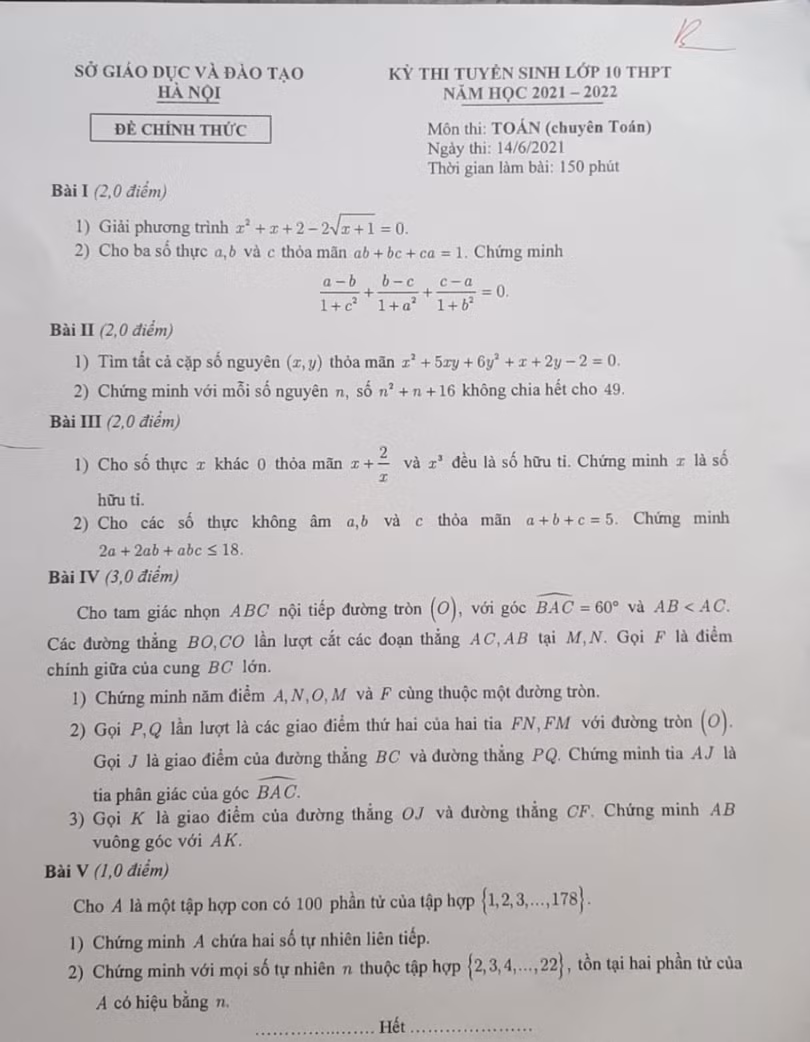 Đáp án đề thi Toán chuyên vào lớp 10 tại Hà Nội năm học 2021 ảnh 1