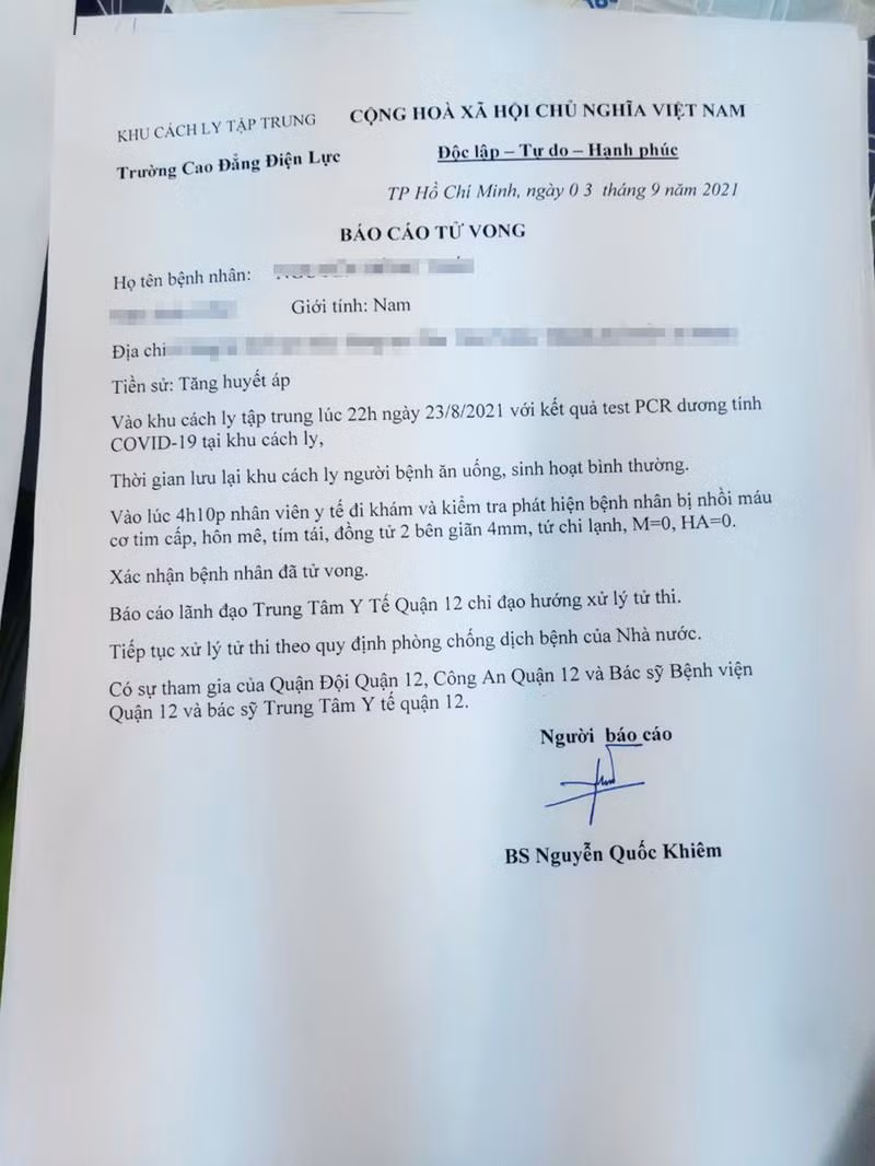 Báo cáo tử vong do Khiêm đã ký. Ảnh: Báo Pháp luật TP.HCM Báo cáo tử vong do Khiêm đã ký. Ảnh: Báo Pháp luật TP.HCM