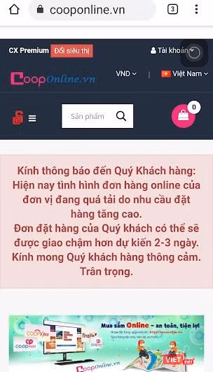 Thông báo giao hàng chậm do Co.opmart quá tải đơn hàng - Ảnh: Hoà Bình Thông báo giao hàng chậm do Co.opmart quá tải đơn hàng - Ảnh: Hoà Bình