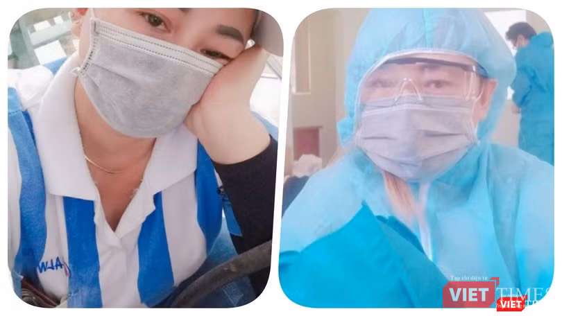 Chị P. mặc nguyên đồng phục khi đi xét nghiệm và lúc đã được cách ly tại Bệnh viện Dã chiến Củ Chi - Ảnh: NVCC