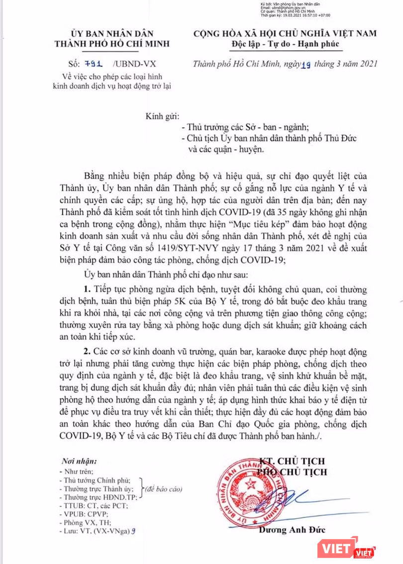 Công văn số 791 do Phó Chủ tịch UBND TP.HCM, ông Dương Anh Đức ký