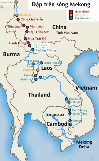 Các con đập đã hoàn thành, đang xây và dự kiến xây trên sông Mekong. Đồ họa:Michael Buckley Các con đập đã hoàn thành, đang xây và dự kiến xây trên sông Mekong. Đồ họa:Michael Buckley