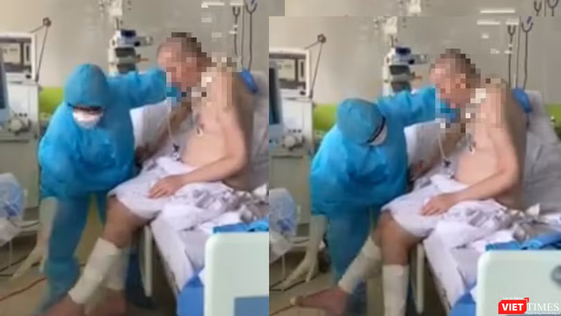Những hình ảnh mới nhất cho thấy bệnh nhân 91 đã có thể ngồi dậy, đung đưa chân, bắt đầu tập ăn qua đường tiêu hóa (Ảnh cắt từ clip) 