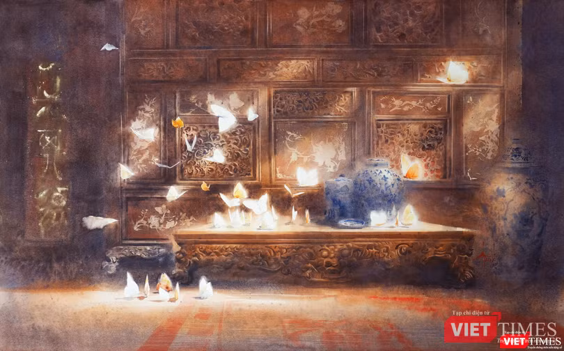 Tác phẩm Cánh bướm lửa đèn (màu nước trên giấy, 100cm x 160cm, 2021) Tác phẩm Cánh bướm lửa đèn (màu nước trên giấy, 100cm x 160cm, 2021)