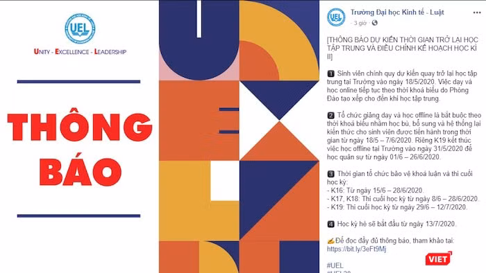 ĐH Kinh tế-Luật ấn định ngày trở lại trường của SV là ngày 18/5 (Ảnh chụp lại website của trường)