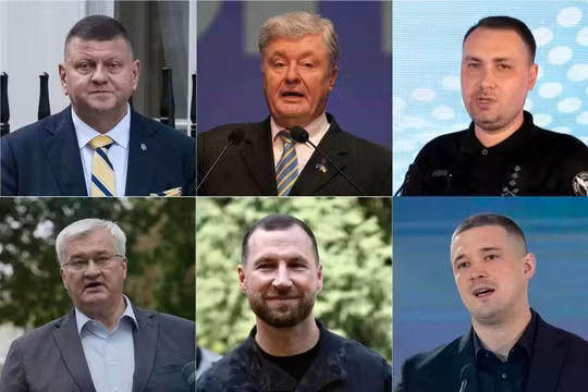 Từ trái, hàng trên: Cựu tướng Ukraine Valery Zaluzhny, cựu Tổng thống Petro Poroshenko và cựu sĩ quan tình báo quân sự Kyrylo Budanov. Hàng dưới, từ trái sang: Bộ trưởng Ngoại giao Andrii Sybiha, Bộ trưởng Quốc phòng Yevhenii Khmara và Mykhailo Fedorov, cựu Bộ trưởng Quốc phòng. Ảnh: AJ/Getty.