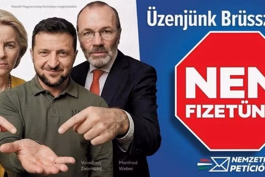 Áp phích vận động của chính phủ Hungary kêu gọi người dân tham gia bản kiến ​​nghị quốc gia về việc tài trợ cho Ukraine. Ảnh: Getty.