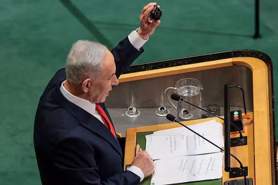 Thủ tướng Israel Benjamin Netanyahu phát biểu tại Đại hội đồng Liên hợp quốc vào ngày 24/9 tại thành phố New York, Mỹ. Ảnh: Getty.