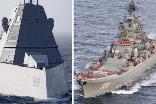 Tàu khu trục lớp Zumwalt của Mỹ (trái) và tàu tuần dương lớp Kirov của Nga. Ảnh: MW.