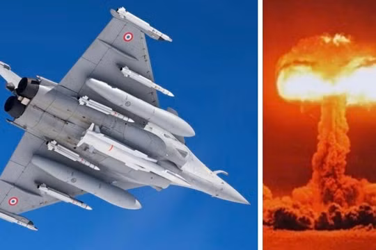 Máy bay Rafale mang tên lửa hạt nhân ASMP-A (bên trái) và hình ảnh vụ nổ hạt nhân. Ảnh: MW.