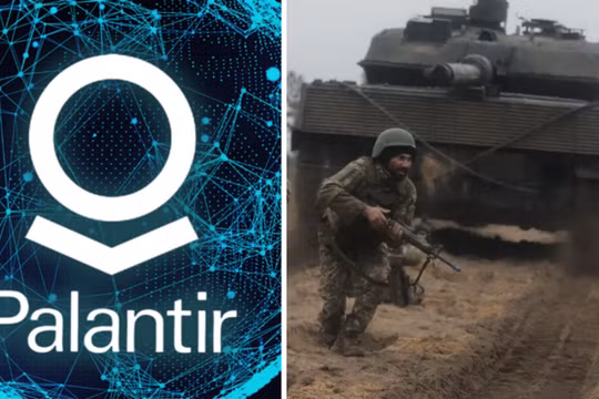 Logo Palantir và hình ảnh người lính Ukraine cùng xe tăng Leopard 2. Ảnh: MW.