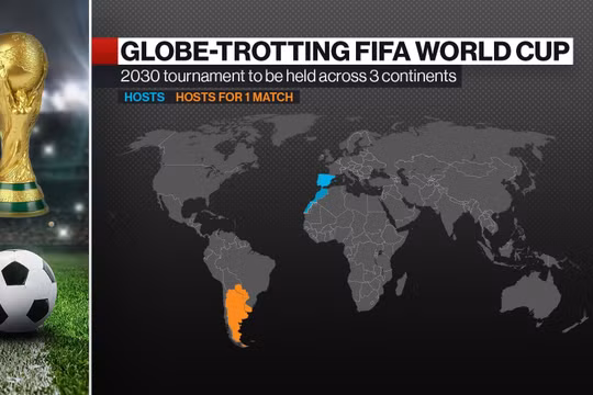 World Cup 2030 sẽ được tổ chức tại 6 quốc gia thuộc 3 châu lục để kỷ niệm 100 năm giải đấu. Ảnh: Bloomberg.