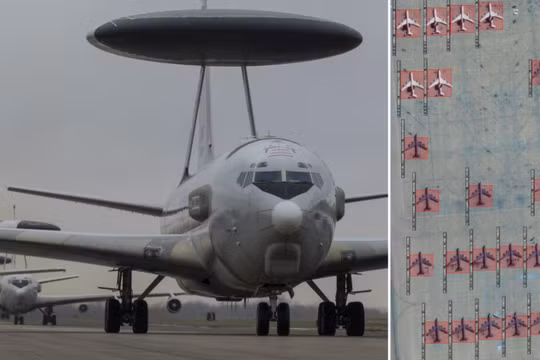 Ảnh chụp máy bay E-3 (bên trái) và ảnh vệ tinh của máy bay tiếp nhiên liệu KC-135 và máy bay cảnh báo sớm E-3 AWACS tại căn cứ không quân Prince Sultan ở Arab Saudi. Ảnh: MW.