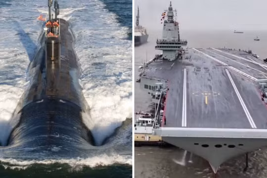 Siêu tàu sân bay Phúc Kiến của Trung Quốc và tàu ngầm tấn công lớp Virginia của Mỹ. Ảnh: MW.