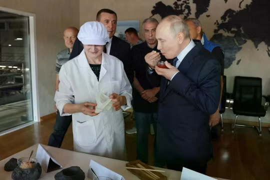 Tổng thống Nga Vladimir Putin nếm thử trứng cá muối trong chuyến thăm một khu phức hợp chế biến cá trên đảo Iturup thuộc quần đảo Kuril phía Nam vào ngày 13/8. Ảnh: Sputnik.