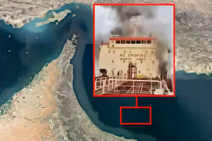 Tàu chở dầu MKD VYOM treo cờ Quần đảo Marshall bị xuồng không người lái cảm tử Iran tấn công hôm 1/3. Ảnh: TWZ.
