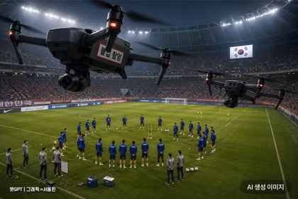 Ảnh do AI tạo ra đăng trên báo Hàn Quốc giễu cợt vụ việc đội nhà tập luyện bị drone lạ quay trộm. Ảnh: Sohu.