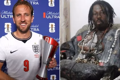 Tiền đạo đội tuyển Anh Harry Kane đang có phong độ cao và phù thủy Bonsam, người tuyên bố sẽ yểm bùa anh để giúp tuyển Ghana. Ảnh: Reuters.