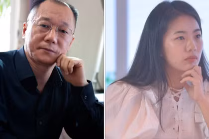 Tưởng Phương Châu và Giáo sư Tiêu Ưng, người vạch trần trò gian lận của cô. Ảnh: Sohu.