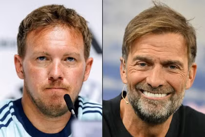 Ngày 3/7, ông Julian Nagelsmann (trái) đã chính thức tuyên bố từ chức HLV đội tuyển Đức, cựu HLV Liverpool Jurgen Klopp đã được DFB mời nắm đội. Ảnh: Zaobao.