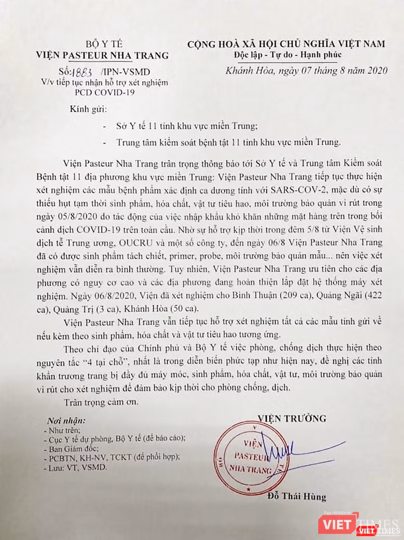 Văn bản tiếp tục tiếp nhận mẫu xét nghiệm COVID-19 của Viện Pasteur Nha Trang Văn bản tiếp tục tiếp nhận mẫu xét nghiệm COVID-19 của Viện Pasteur Nha Trang
