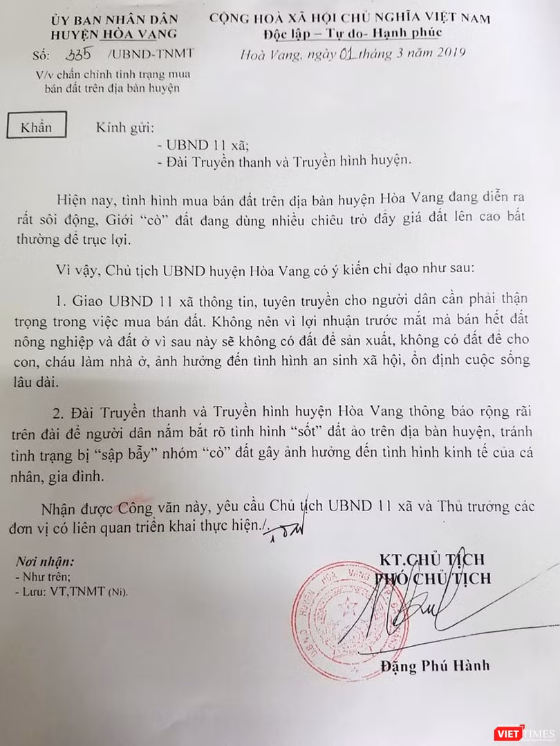 Văn bản khẩn của UBND huyện Hòa Vang gửi UBND 11 xã cảnh báo tình trạng cò đất thổi giá