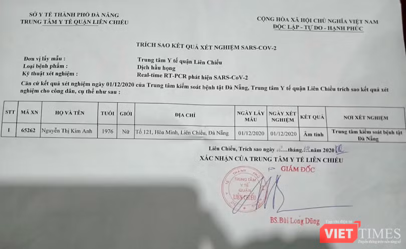 Phiếu xét nghiệm thật