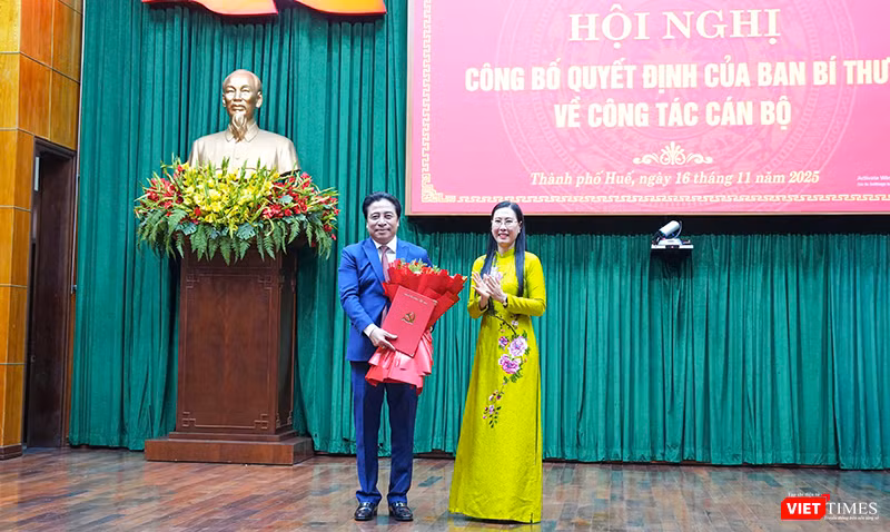 Bà Bùi Thị Quỳnh Vân, Phó trưởng Ban Tổ chức Trung ương trao Quyết định cho ông Nguyễn Khắc Toàn. Ảnh Dũng Văn