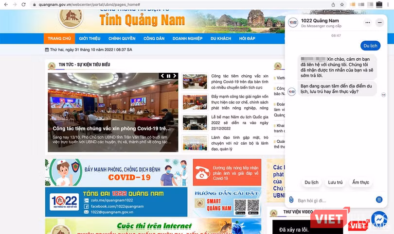 Trả lời và gợi ý nội dung của "trợ lý ảo"-Chatbot 1022 Quảng Nam ngay sau câu hỏi của công dân