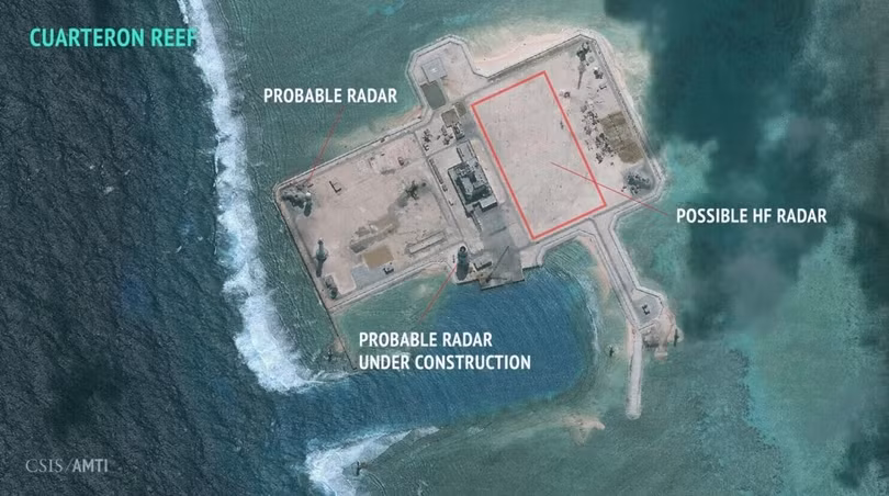 Trung Quốc xây dựng bất hợp pháp trạm radar cao tần ở đá Châu Viên thuộc quần đảo Trường Sa của Việt Nam. Ảnh: AMTI/CSIS.