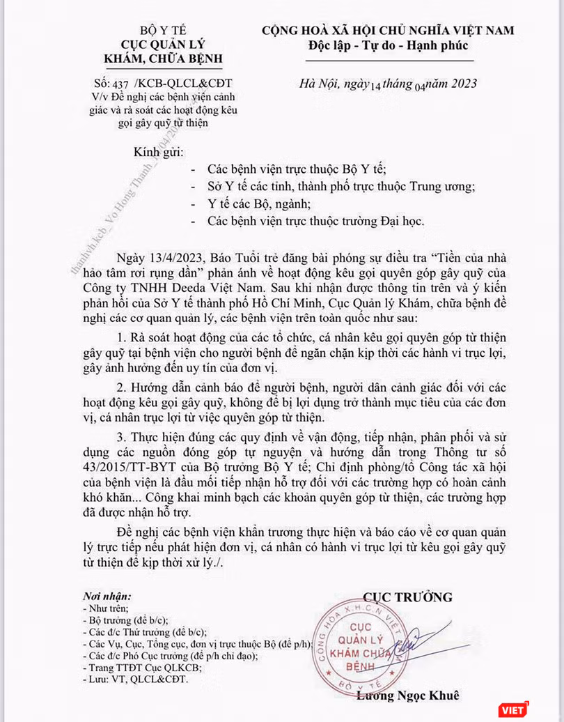 Văn bản cảnh báo hành vi trục lợi hoạt động từ thiện ở bệnh viện của Cục Quản lý Khám-Chữa bệnh