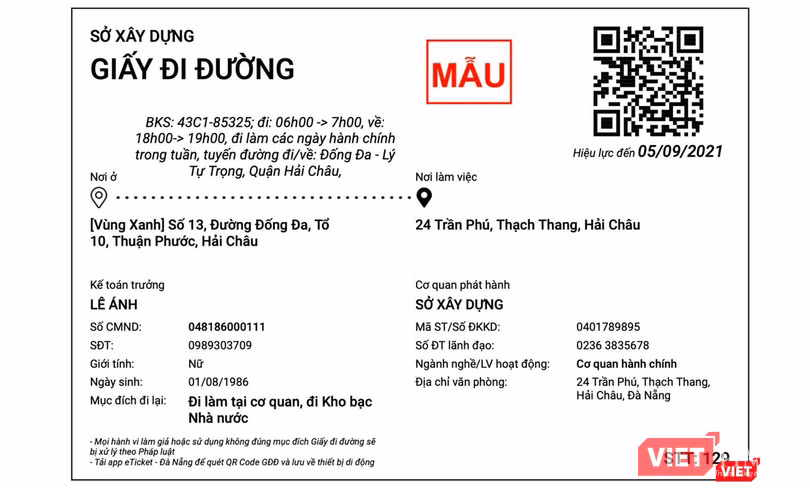 Mẫu giấy đi đường QRCode cấp cho người dân