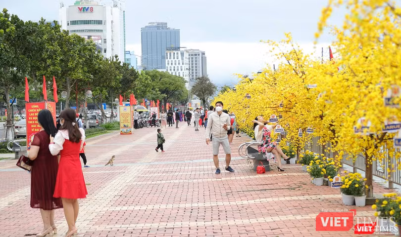 Người dân, du khách du xuân tại đường hoa Bạch Đằng (Đà Nẵng) trong dịp Tết Nguyên đán Nhâm Dần 2022