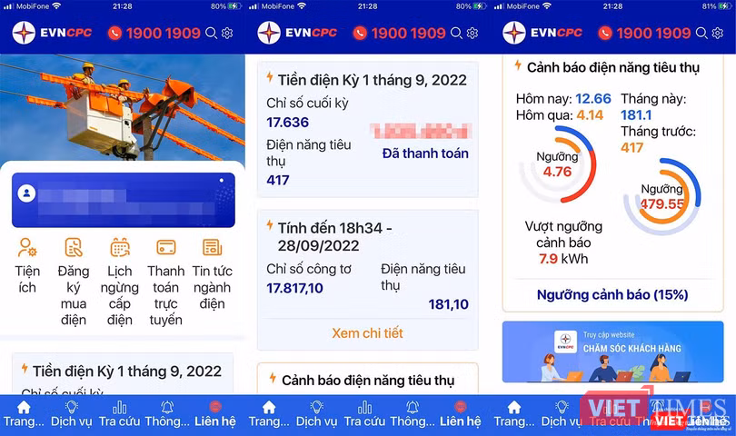 Giao diện ứng dụng EVNCPC CSKH trên di động