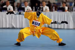 Một robot hình người tham gia cuộc thi võ thuật wushu trong khuôn khổ Đại hội Robot Hình người Thế giới lần thứ hai tại Sân vận động Trượt băng tốc độ Quốc gia ở Bắc Kinh, Trung Quốc, ngày 26/8. Ảnh: Reuters.